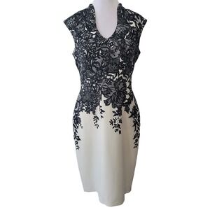 Adrianna Papell Womens 6 Sheath Dress Ivory Black Floral Lace Print V-Neck Zip